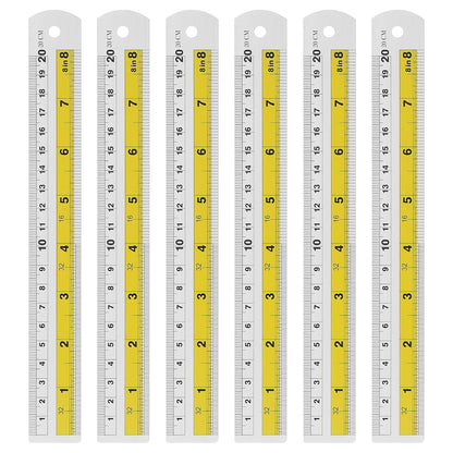 HARFINGTON 6pcs Metal Straight Ruler 20cm Metric SAE Aluminum Alloy Measuring Rulers Scale Tool with Hole for Measure Study Reading Classroom Office, Yellow
