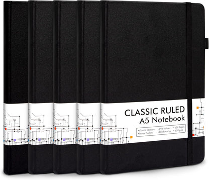 5 Pack Journal Notebook Bulk for School, Feela Hardcover Business Notebooks Classic Ruled Lined Journals with Pen Holder for Work Note Taking, with 5 Black Pens, 120 GSM, 5.1”x8.3”, A5, Black