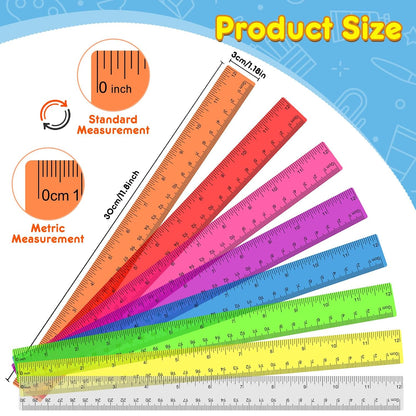 64 Pack Plastic Ruler 12 Inch in Bulk, Plastic Rulers in Assorted Colors, Clear Ruler with Inches and Centimeters, Transparent Rulers Bulk for Kids Back to School, Classroom, Office, Home Supplies