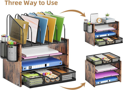 Marbrasse Desk organizer with Drawer, 4-Tier Wooden File Organizer with 5 Vertical File Holders and 2 Pen Holders, Desk Organizers and Accessories for Home Office - Dark Brown