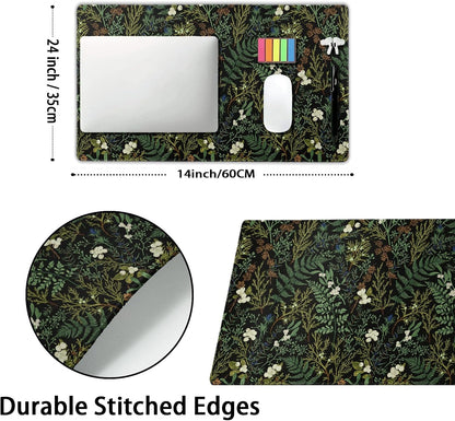 Black Aesthetic Vintage Botanical Gaming Mouse Pad Large XL Cute Forest Green Plant Nature Floral Extended Large Big Mousepad Non-Slip Stitched Edge Long Mat for Desk Computer,24x14 Inch,60x35 CM