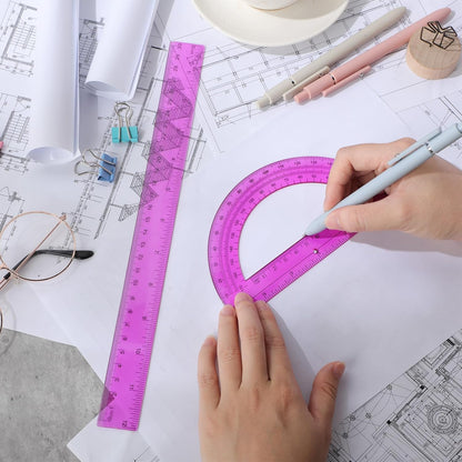 Zonon 2 Pack 12'' Plastic Ruler and 6'' Plastic Protractor Set Clear Ruler Protractor Set Math Geometry Supplies for School Classroom Home Office Drawing(Purple)