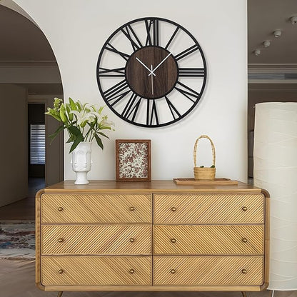 LEIKE Large Wall Clocks,Silent,Non Ticking,Battery Operated Big Retro Round Modern Wood Wall Clock for Living Room, Bedroom,Dinning Room,Farmhouse,Office,Home Decor-20 Inch(Black-Roman Numerals)