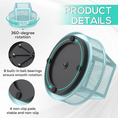 YINGHUA Metal Mesh Desk Organizer with 5 Compartments and Rotating Pencil Holder Pen and Stationery Organizer for Office Home School Anti Slip Base Blue