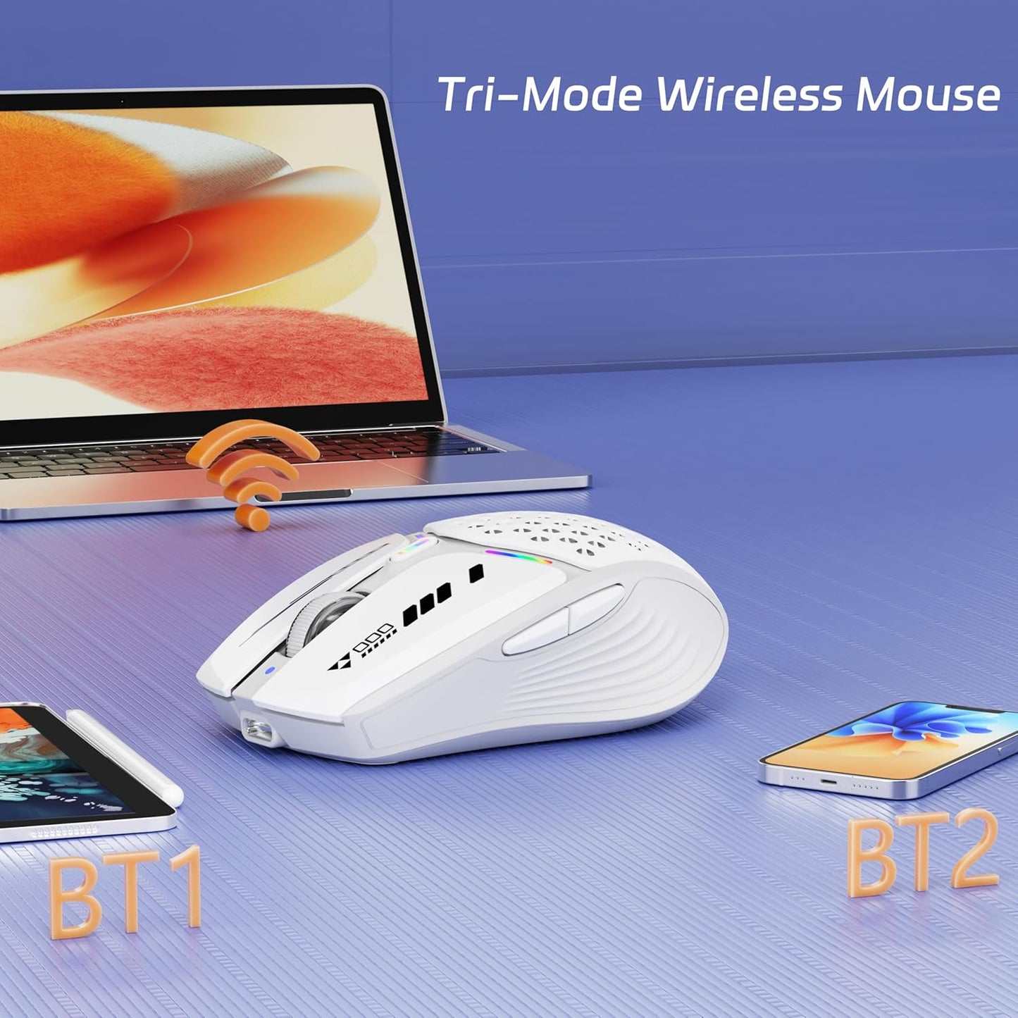 Uciefy Bluetooth Wireless Mouse, (BT5.0/5.1+2.4GHz) USB C Rechargeable LED Mouse Battery Level Visible, Honeycomb Magnetic Shell Cover with USB Receiver & Type-C Adapter for Laptop/PC/Mac/iPad-White