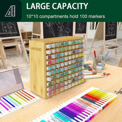 MinBoo Art Marker Storage Organizer for 100 Markers, Bamboo Art Supply Rack, Pens Color Pencils Paint Brushes Stationary Organizer Holder for Home Classroom Office Desk Decor
