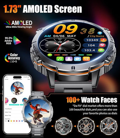 LIGE Smart Watches for Men with 900mAh Battery(60+Standby),1.73" AMOLED with Bluetooth Call,110+ Sports Mode Tactical Fitness Tracker/Heart Rate Sleep Health Monitor/Android iOS Military Smart Watch