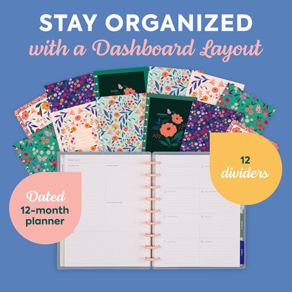 Happy Planner Disc-Bound Planner Jan.–Dec. 2026, Includes 3 Extra Months and 2 Sticker Sheets, Classic Size, 7" x 9.25", Dashboard Layout, Happy Poppies