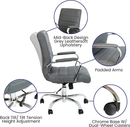 Flash Furniture Whitney Mid-Back Swivel LeatherSoft Desk Chair with Padded Seat and Armrests, Adjustable Height Padded Office Chair, Gray/Chrome