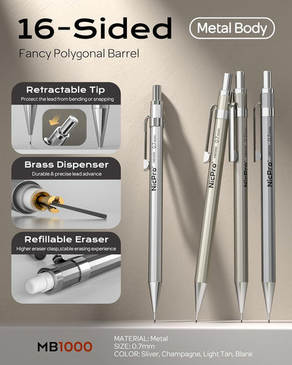 Nicpro 4 Pack Mechanical Pencil 0.7mm with Case, MB1000 Metal Mechanical Pencil Set with 8 Tube HB #2 Lead Refill 0.7 mm, 3PCS 4B Eraser, 9 Cap Eraser for Artist Drafting Writing, Sketching, Drawing