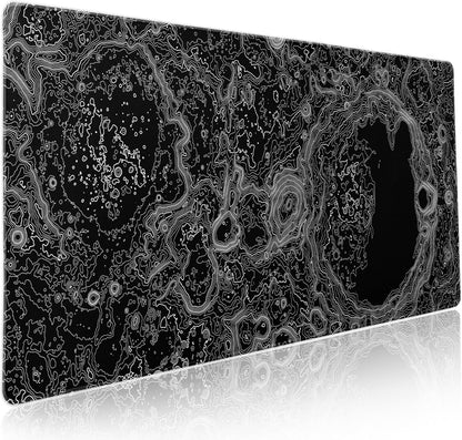 Black Whtie Topographic Gaming Mouse Pad XXL Topo Moon Relief Map Extended Large Mat Mousepad Desk Pad Non-Slip Rubber Base Stitched Edge Long Mousepad for Desktop Office Desk, 35.4 x 15.7 in