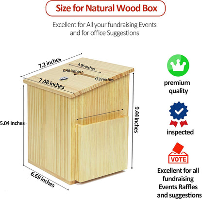 Wood Charity Donation collection Box Office suggestion Ballot Box With wide slot for envelopes and suggestion comment forms, Pocket and Locking Hinged Lid & Pen for Table Or Countertop(Rustic-White)