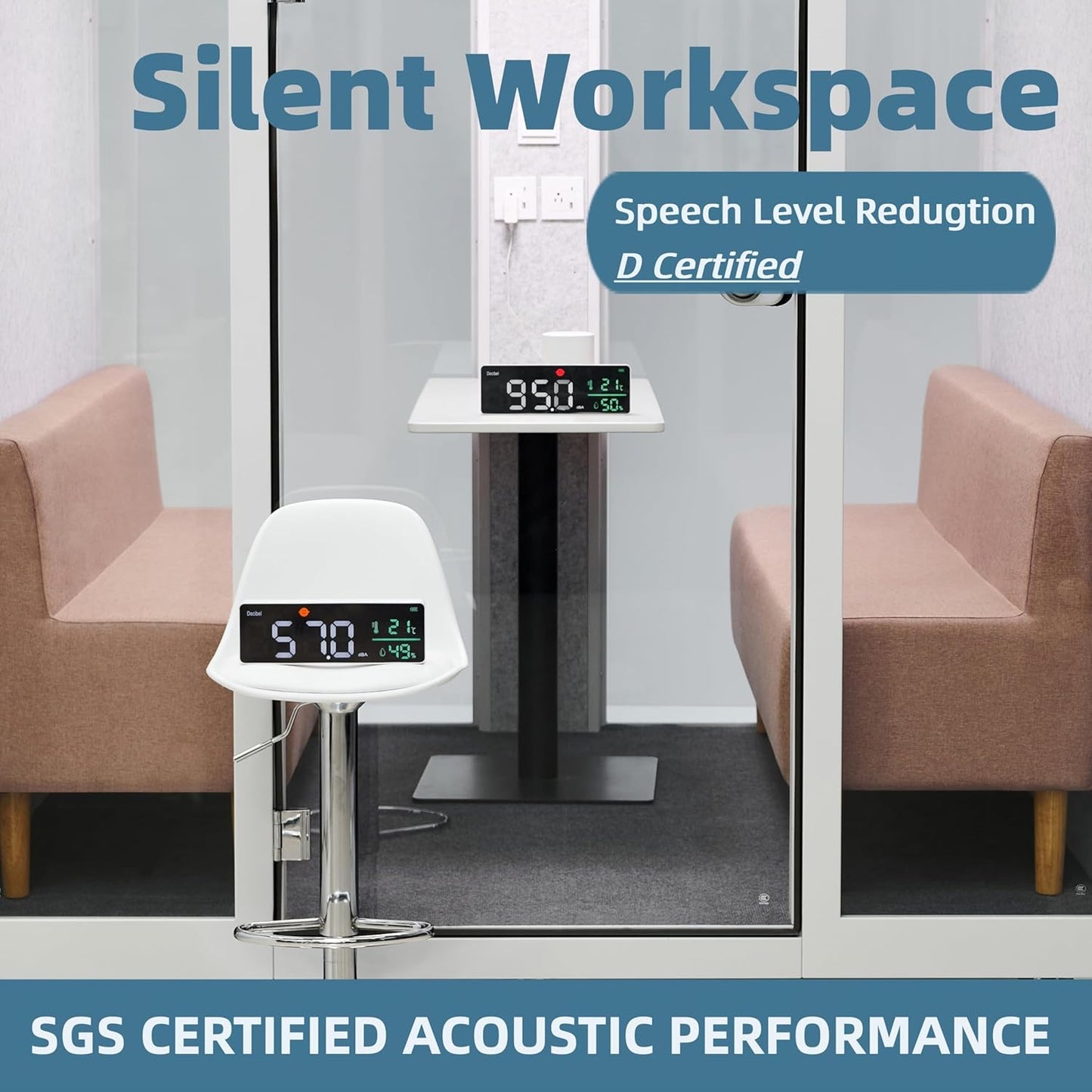 Mobile Office Pod Booth, Sound Pod, Large Space SoundProof Pod 4-6 People, Sound Booth Mobile Roller, LED Lighting, Centrifugal Fans and AC USB Ports Large Size for 4-6 Persons White/Smoked Glass