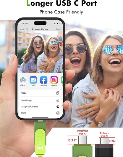 MOSDART 512GB USB3.1 Fast Speed C and A Dual Flash Drive, exFAT Memory Stick with Keychain and LED Indicator, for iPhone 15,16,17, Android Phone, iPad, MacBook, and Other Laptops, Green