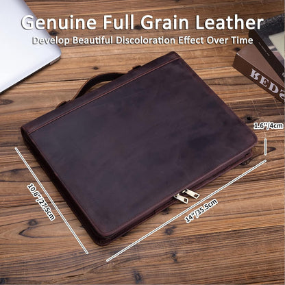 Genuine Leather Portfolio 3 Ring Binder with Clipboard, Hidden Handle, 8.5 x 11 Zippered Padfolio, Business Organizer Professional Executive Folio for Men and Women, Dark Brown