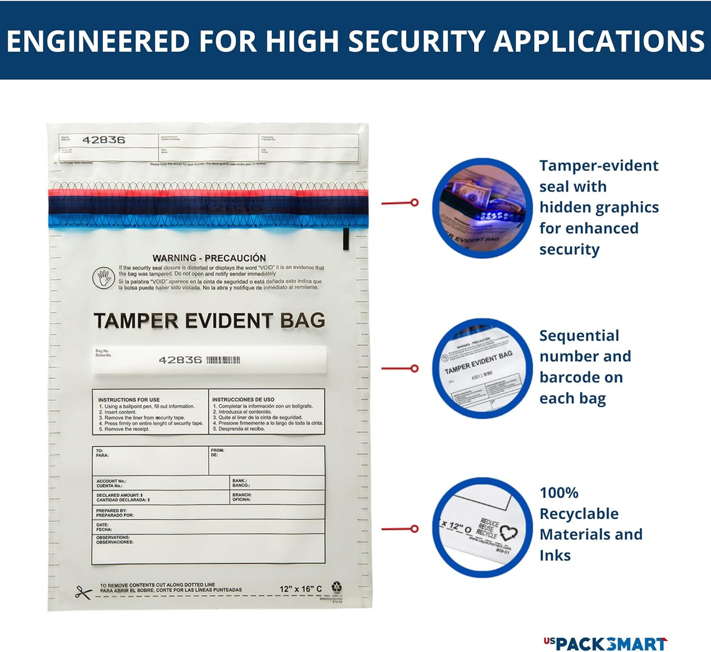 12"x16" Clear Plastic Deposit Bags with Security Tape Tamper Evident - Secure Bank Deposits, Cash Handling, & Currency Transport | Self-Sealing Tape with Hidden Graphics | 100-Pack