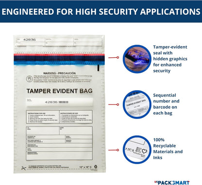 12"x16" Clear Plastic Deposit Bags with Security Tape Tamper Evident - Secure Bank Deposits, Cash Handling, & Currency Transport | Self-Sealing Tape with Hidden Graphics | 100-Pack