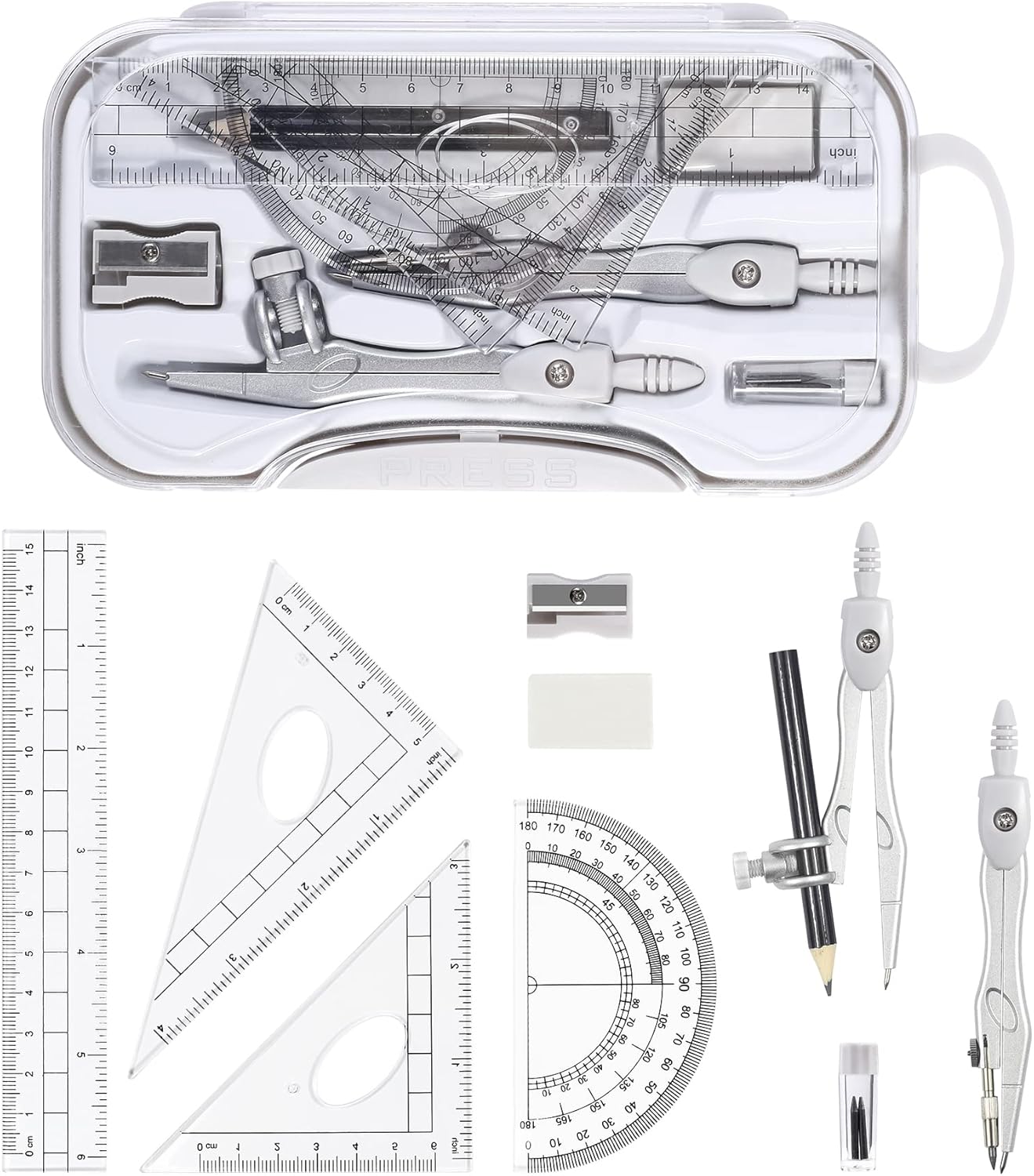 10 Pieces Math Geometry Kit Set Student Supplies with Shatterproof Storage Box,Includes Rulers,Protractor,Compass,Eraser,Pencil Sharpener,Lead Refills,Pencil,for School and Drawings（Grey）