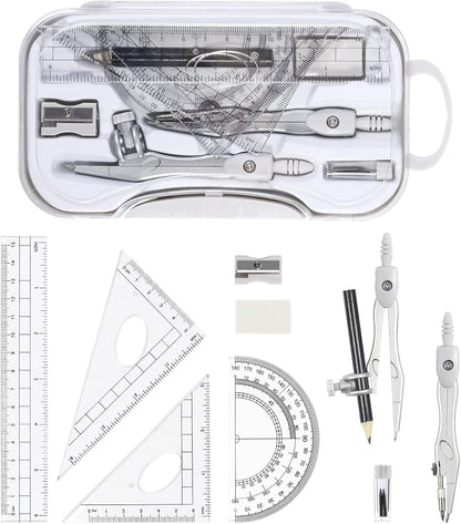 10 Pieces Math Geometry Kit Set Student Supplies with Shatterproof Storage Box,Includes Rulers,Protractor,Compass,Eraser,Pencil Sharpener,Lead Refills,Pencil,for School and Drawings（Grey）