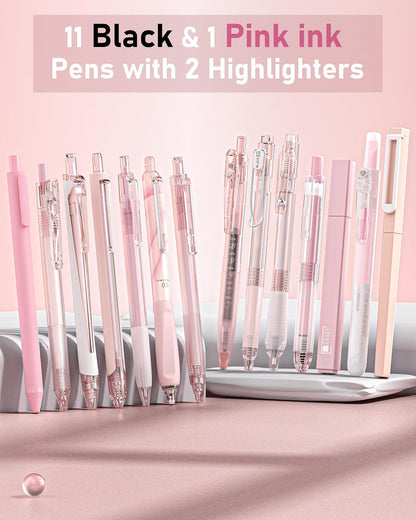Four Candies 14Pack Pastel Gel Ink Pen Set,Cute Retractable 0.5mm Fine Point Pen,Note Taking Aesthetic Pens,12 Pack Black Ink Pens with 2Pack Highlighter, Smooth Writing Pens for School, Office (Pink)