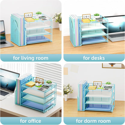 Marbrasse Desk Organizer and Accessories，4-Tier Paper Letter Tray Organizer with File Holder，Desk Accessories & Workspace Desktop Organizers for School Home Office Supplies (Blue)