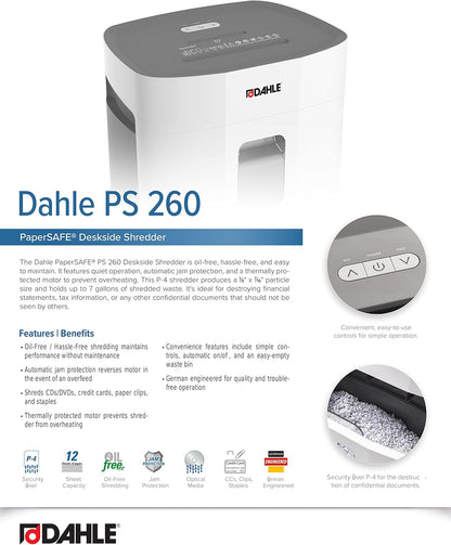 Dahle PaperSAFE PS 260 Paper Shredder, Oil Free, Jam Protection, Security Level P-4, 12 Sheet Max, Shreds CDs, Staples, Paper Clips & Credit Cards