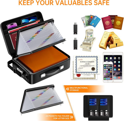 Fireproof Document Box with Fireproof Zipper,File Organizer Hard Case with Lock,Portable Document Safe for Important Document Laptop Valuables(Black,15.8"x5.9"x12.6")