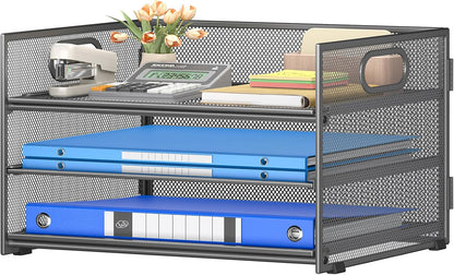 Subekyu 3 Tier Paper Letter Tray Organizer for Desk, Gray Metal Mesh Desk File Folder Sorter Organizer with Handle and Sliding Tray for Home, Office, School Supplies Organization Storage