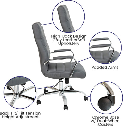 Flash Furniture Whitney High-Back Swivel LeatherSoft Desk Chair with Padded Seat and Armrests, Adjustable Height Padded Office Chair, Gray/Chrome