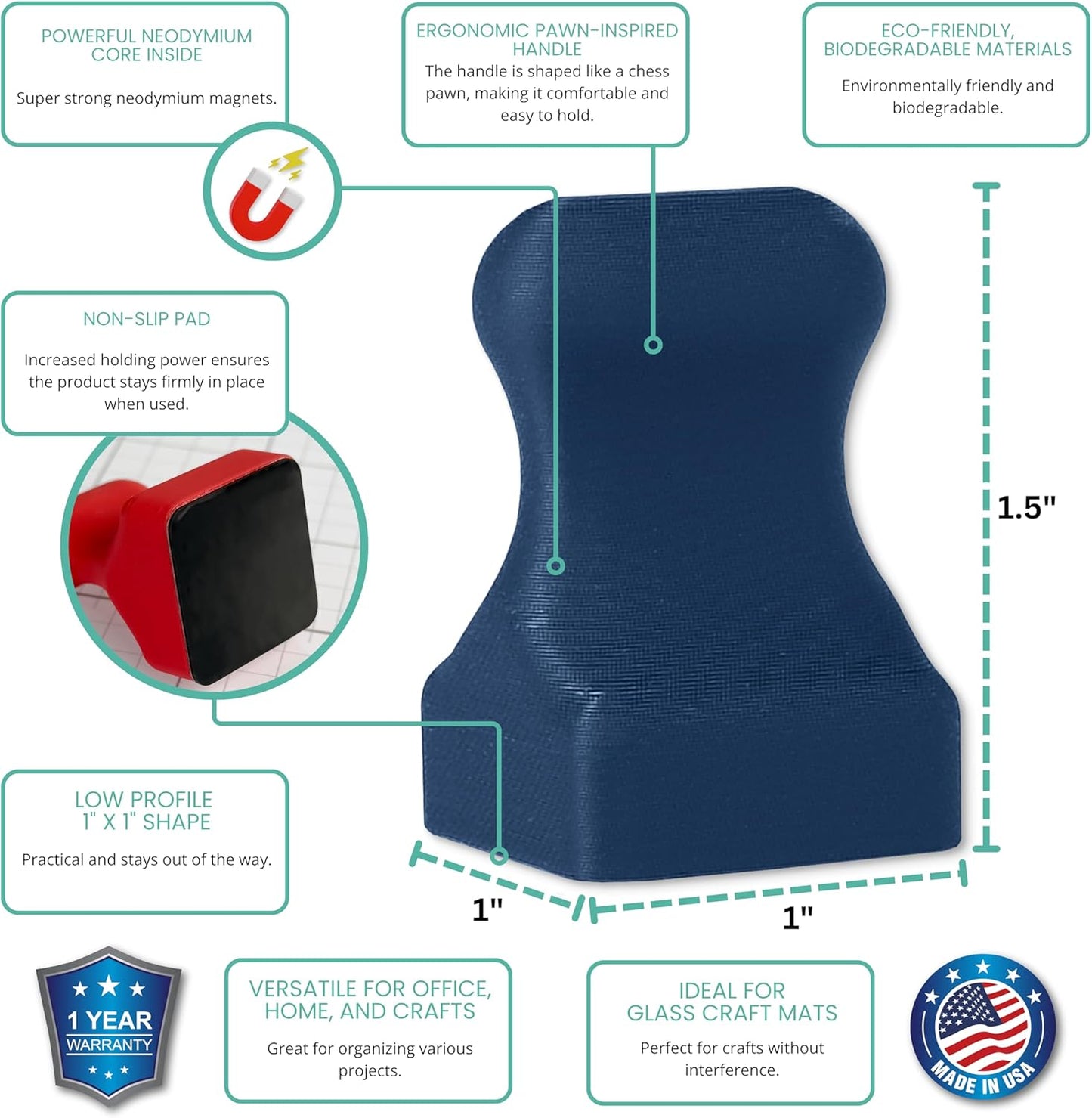 Glassboard Studio MiniPawn Magnet - Strong Neodymium Rare Earth Magnets for Fridge, Whiteboard, Locker & Magnetic Glassboards - Ideal for Crafting & Office Use - Strong Fridge Magnets (Navy Blue, 4)