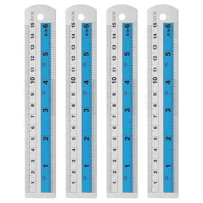 HARFINGTON 4pcs Metal Straight Ruler 15cm Metric SAE Aluminum Alloy Measuring Rulers Scale Tools with Hole for Measure Study Reading Classroom Office, Blue