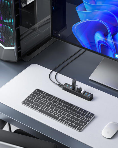 PHIXERO 7 Port USB Hub, 3.3FT/1M Long Cable USB 3.0 Hub Multi USB Port Hub Adapter Extension USB Splitter USB Hub for PC, Compatible with All USB 3.0/2.0/1.1 Device