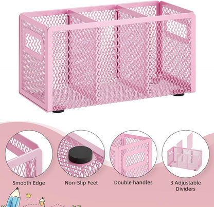 Marbrasse Mesh Pen Holder for Desk,Pencil Holder Desk Organizer 3 Adjustable Compartments,Pencil Cup with Handle Perfect for Classroom, Office, Home,Makeup,Art (Pink)