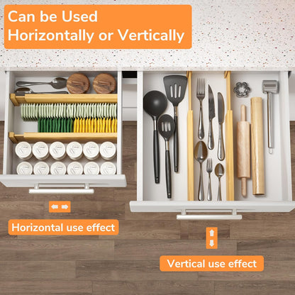 BAMEOS 4 PCS Bamboo Drawer Divider Adjustable Drawer Dividers Kitchen Drawer Organization Utensil Organizers for Kitchen Dresser Bathroom Bedroom and Office