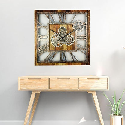 ImprovingLife The Gears Clock 24'' Inch Square Real Moving Gear Wall Clock Vintage Industrial Oversized Rustic Farmhouse (Vintage Brown)