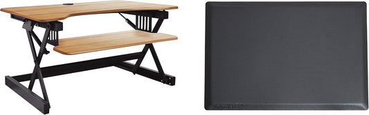 Rocelco 32" Height Adjustable Standing Desk Converter BUNDLE - Sit Stand Computer Workstation Riser with Anti Fatigue Mat - Dual Monitor Retractable Keyboard Tray - Teak Wood Grain (R EADRT-MAFM)