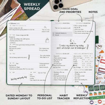 Clever Fox Dated Planner Premium 2025 – Weekly Agenda for Planning & Time Management –Notebook with Habit Tracker & To-do List (Forest Green)