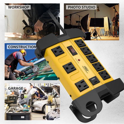 Heavy Duty Surge Protector Power Strip with USB-C Ports, CRST 8-Outlet Metal Industrial Power Block with 15A Circuit Breaker, 15ft Extension Cord, 1350 Joules for Workshop, Garage, Office, Shop…