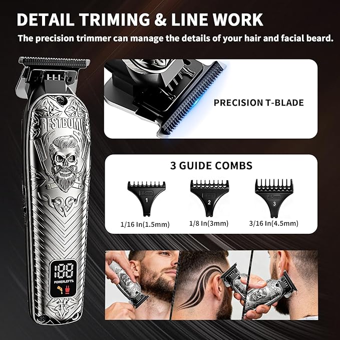 BESTBOMG Professional Cordless Mens Hair Clippers & Beard Trimmer and Electric Shavers Kits & Sets,Metal Hair Clippers Cutting Grooming Kit with Long Battery Life for Family Barber Use (Gray)