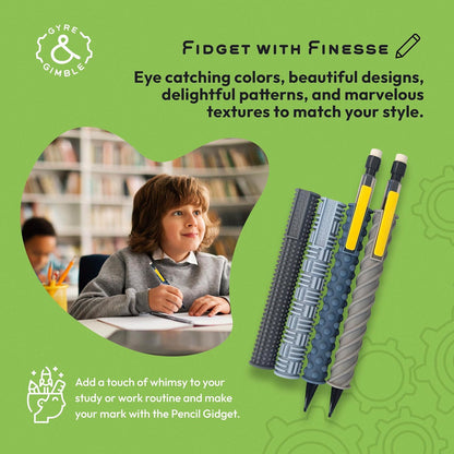 Gyre & Gimble Pencil Gidgets – Textured Silicone Pencil Sleeve for Quiet Fidgeting – Transform Your Mechanical Pencil into a Sensory ADHD Tool for Kids and Adults – 4 Sleeves & 2 Pencils - Gray