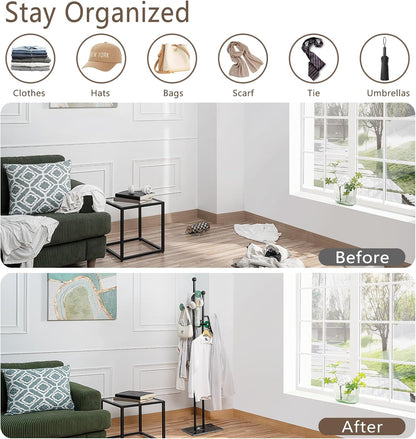 Free Standing Coat Rack with Marble Base & 8 Hooks Heavy Duty Clothes Rack for Entryway Bedroom Living Room Hotel 14.96 x 10.24 x 68.9 Inches (Black)