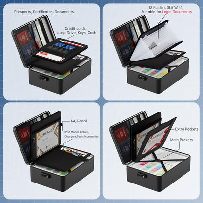 5200℉ Fireproof Document Bag, Insulated Document Box with Lock, Important Document Organizer with Waterproof Zipper, Portable Soft Home Travel Office Safe Storage for Legal/Letter/A4 Files,Black