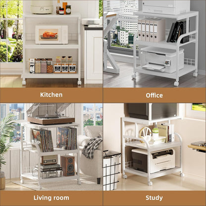 Lerliuo Large Printer Stand with Storage, 23.6"W x 18.9"D x 30.2"H, 5-Adjustable Shelf Heights Mobile 3 Tier Table with Lockable Wheels, Industrial Rolling Printer Cart, White Stands for Home Office