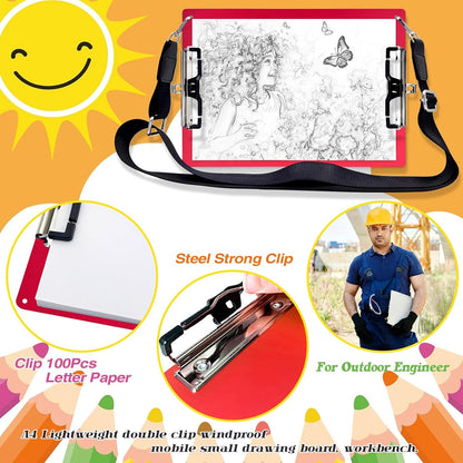 Aluminum Metal Clipboard with Detachable Adjustable Shoulder Strap A4 Double Clip Board Stainless Hangable w/Pen Holder Letter 9" x 12.6" for School Office Business Factory (Red-with Strap, A4)