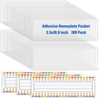 Jeyiour 100 Pcs Label Holders Adhesive Nameplate Pockets Storage Bin Labels Index Card Holder Shelf Plastic Peel Stick for Classroom Supermarket Bookshelf Library Student Box Drawer (3.5 x 10.9 Inch)