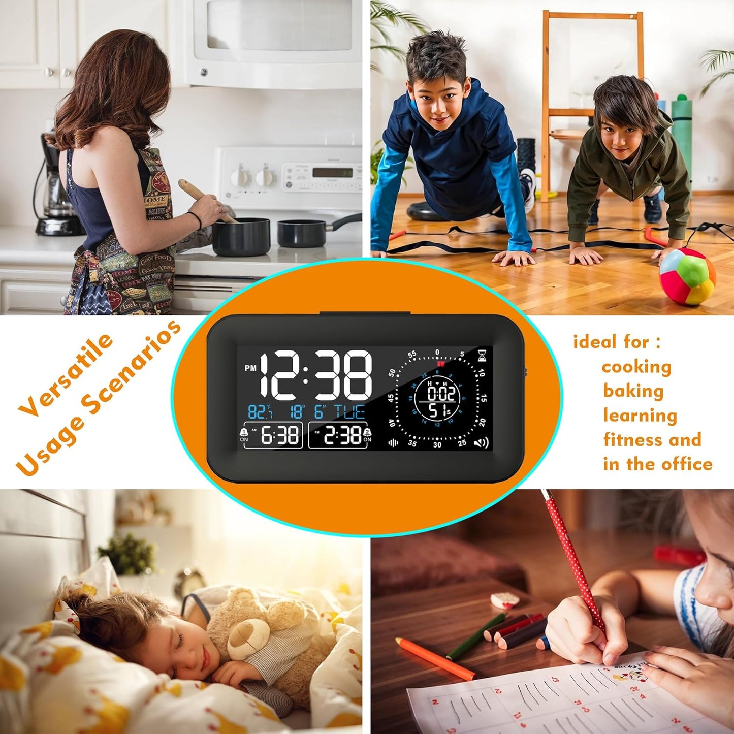 Digital Dual Alarm Clock for Bedroom,Visual Timer Clock for Kids,Dual Display Countdown Stopwatch Timer Dual Alarm Clock, Time Management Station for Homeschooling Teaching Home Kitchen Office (Black)