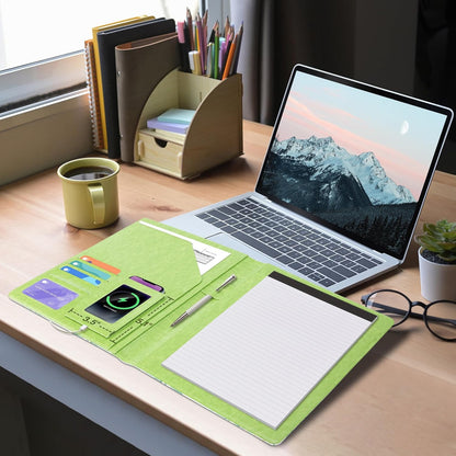 Ospelelf Foldable Faux Leather Clipboard Folio with Notepad 8.5 x 11,Green Business Padfolio for Women Portfolio Organizer, Leaf