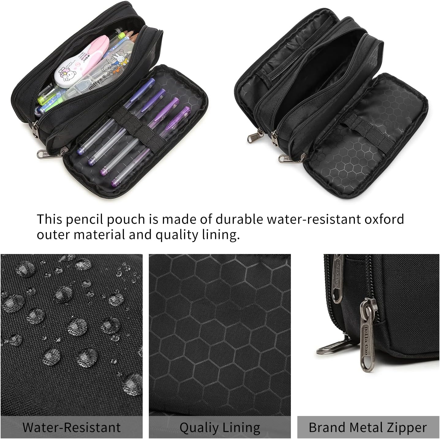 Della Gao Large Capacity Pencil Case, Aesthetic Pencil Pouch with 3 Compartments Nylon Storage Pen Bag Office Stationery Organizer for Women and Men- Black