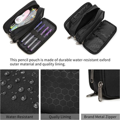 Della Gao Large Capacity Pencil Case, Aesthetic Pencil Pouch with 3 Compartments Nylon Storage Pen Bag Office Stationery Organizer for Women and Men- Black