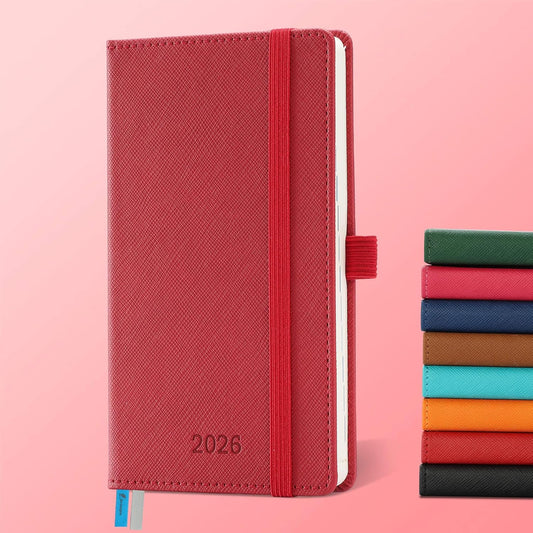 Weekly Monthly 2026 Planner (Jan.26-Dec.26),6.5"x3.75",12 Months Agenda Plan with Month Tabs & Pocket,Expenses/Note Pages, Appointment Book Calendar with Hardcover Vegan Leather Cover,Red